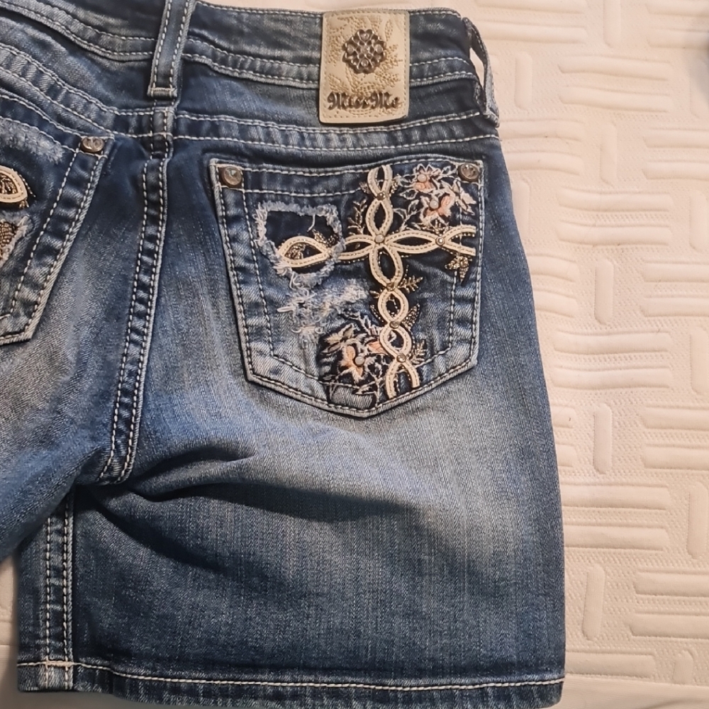 Miss Me Blue Denim Shorts with Intricate Embroidery